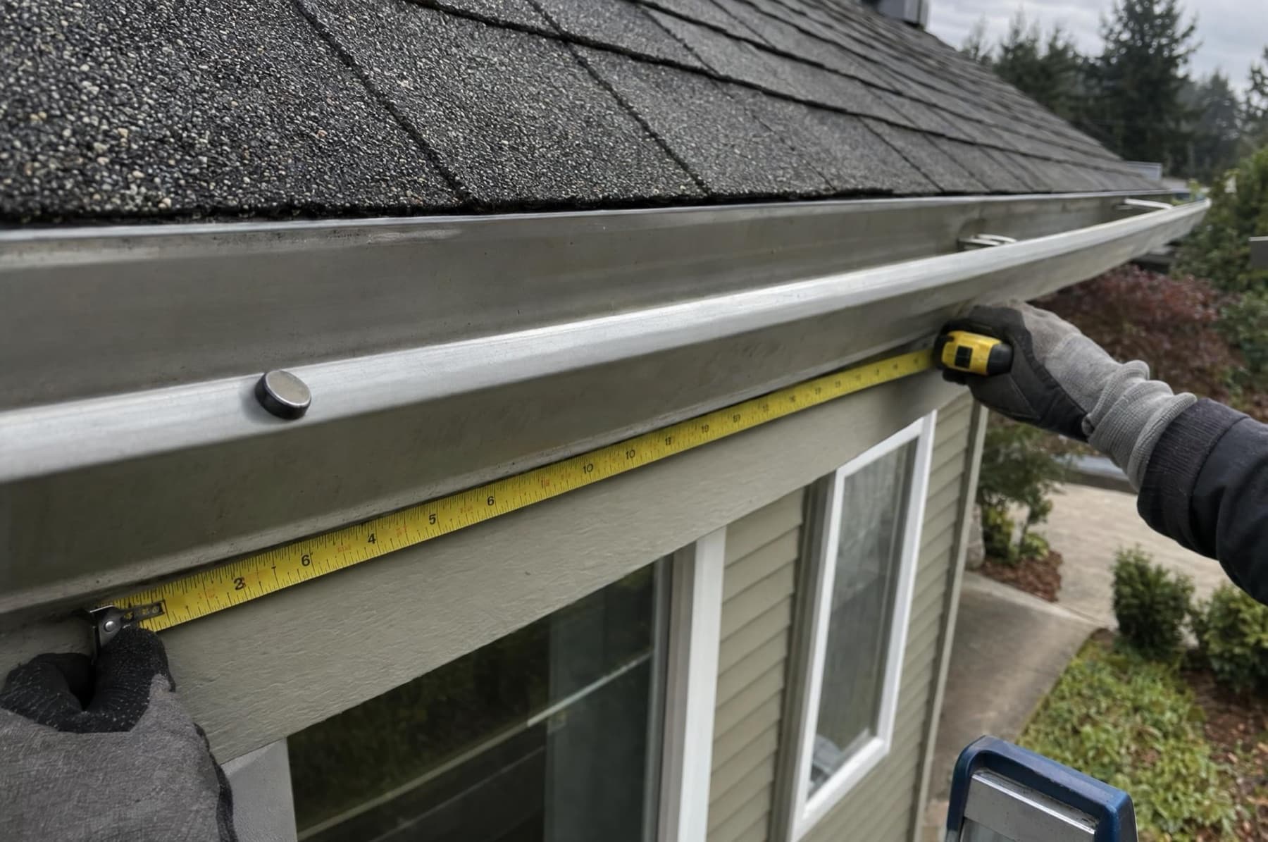 Gloved hands holding a tape measure along a fascia board from a ladder