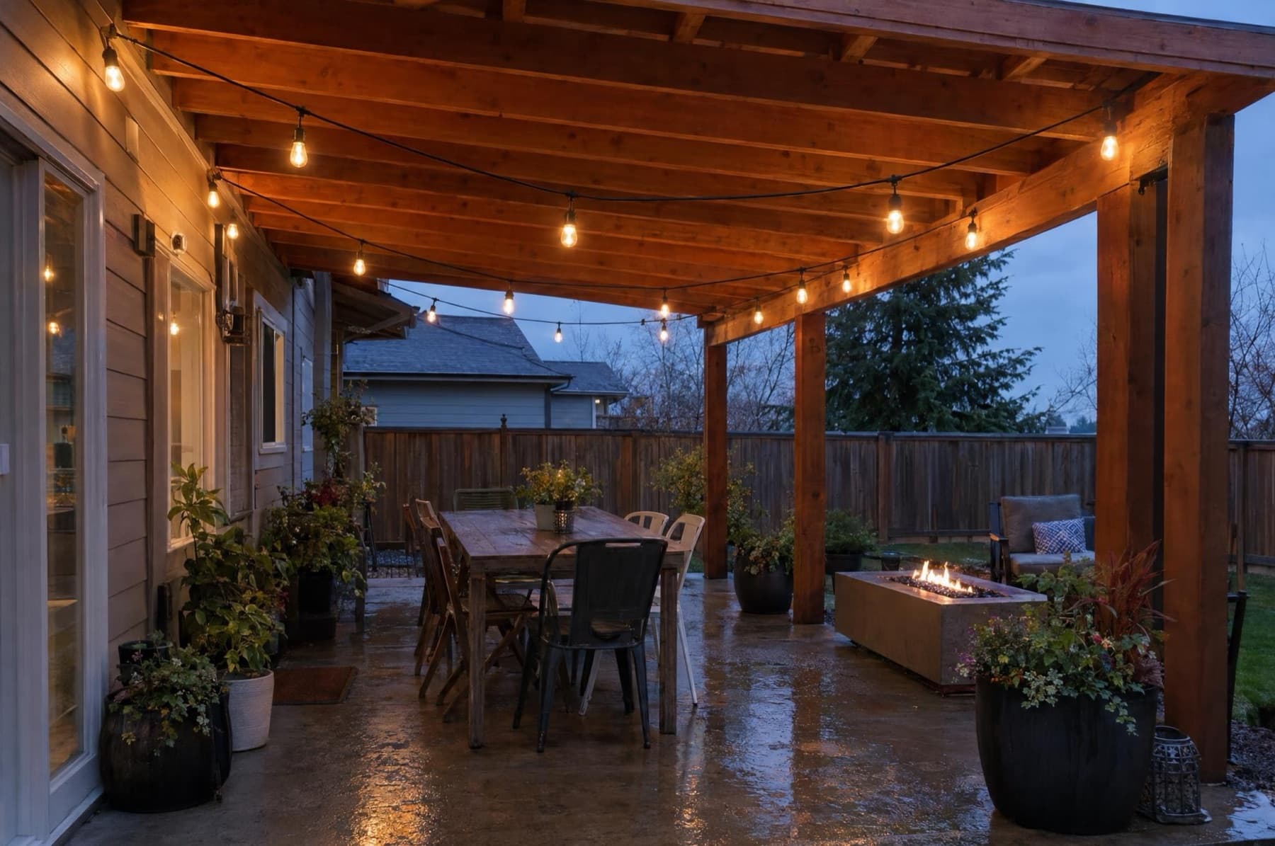 Backyard pergola patio with warm-white bistro bulbs in three swags at dusk