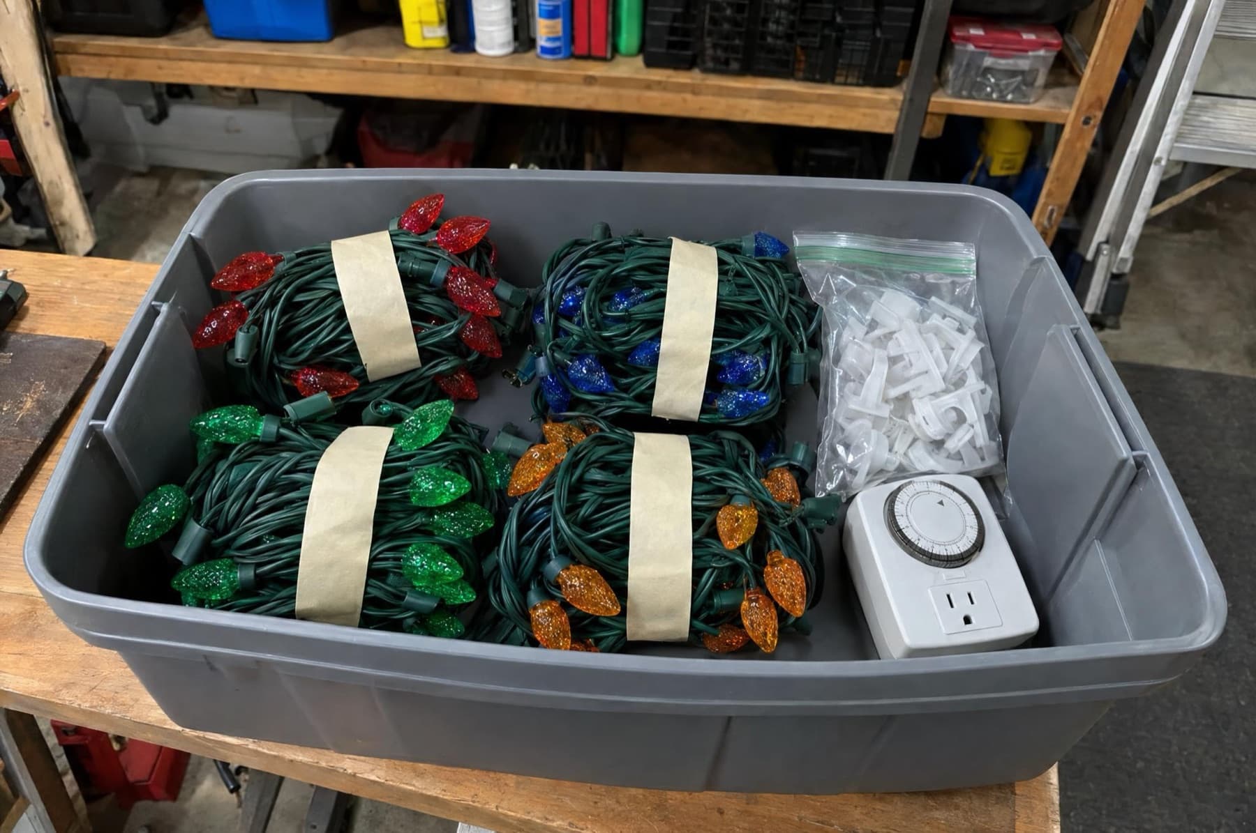 Storage tote of coiled C9 light strands with clips and a timer on a garage workbench
